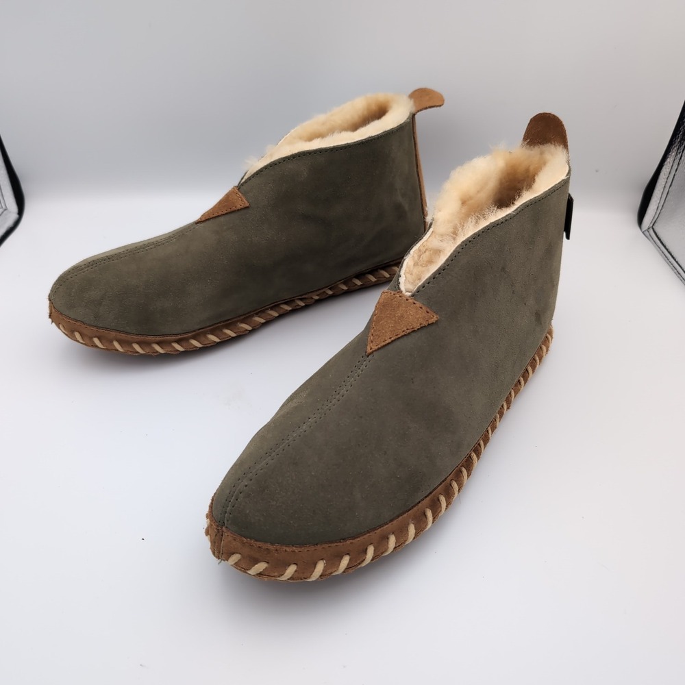 L.L.Bean Wicked Good Lodge Slippers Mens 11 Olive Green Suede Shearling Like New
